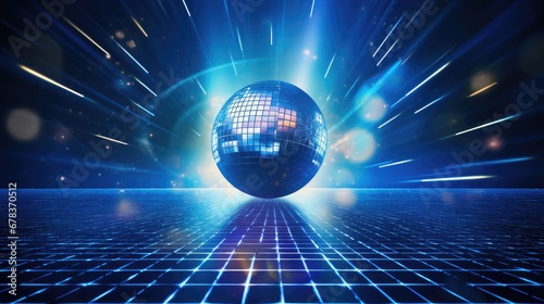 Nightlife allure: Disco ball casting blue rays, creating a dynamic dance floor, a photo capturing the vibrant energy of a pulsating night party.