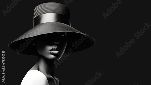 Beautiful African American woman with glossy lips wearing an elegant wide-brimmed hat. Chiseled, clear oval face and black skin. Perfection, quiet luxury style. Copy space © Garnar