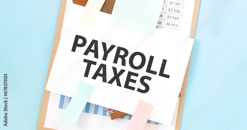Paper plate with text take PAYROLL TAXES. Diagram, notepad and blue background