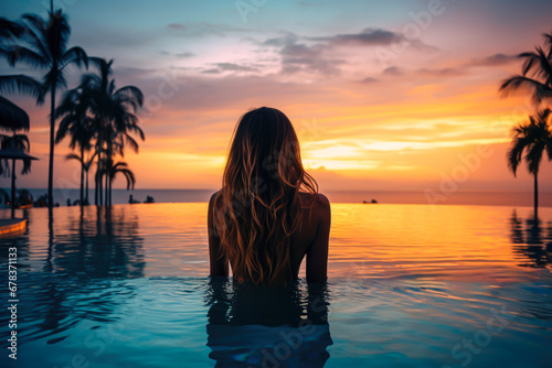 Silhouette of beautiful woman relaxing in swimming pool at sunset time