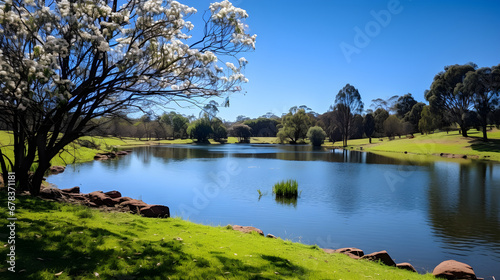 Tree with Blossoms next to a Lake