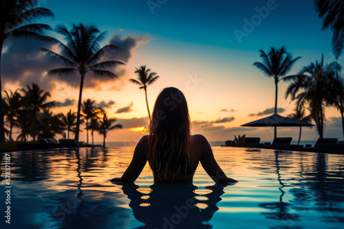 Silhouette of beautiful woman relaxing in swimming pool at sunset time