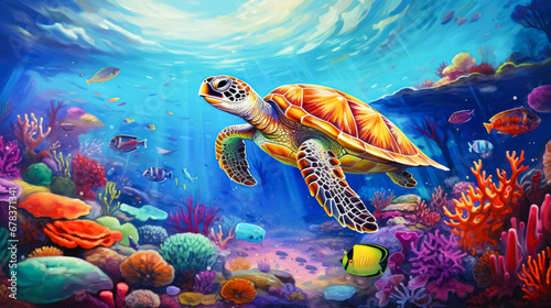 Turtle and coral reef in the Sea