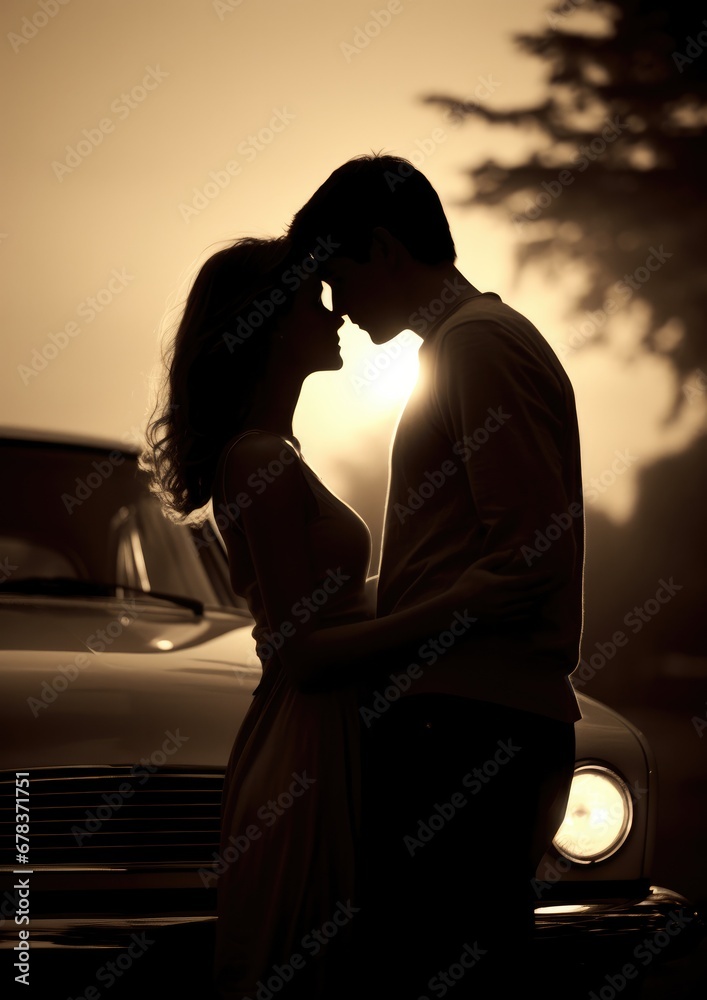Silhouette of a Romantic couple kissing on sunset near a vintage car, Valentines theme
