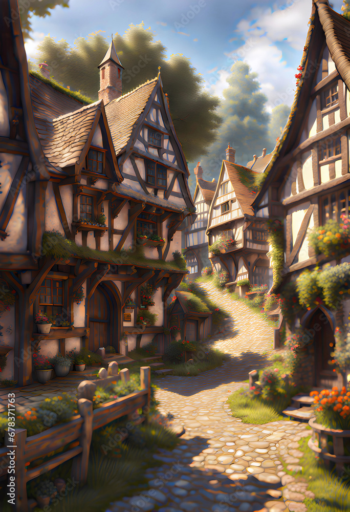 Fototapeta premium painting of a medieval village street in summer with ancient houses surrounded by flowers