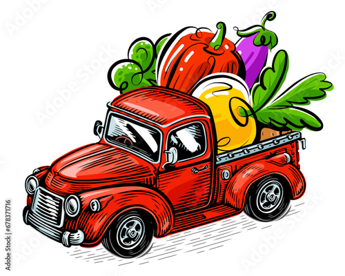 Cartoon truck transporting ripe vegetables to the farmers market. Autumn harvest. Transporting organic vegan food