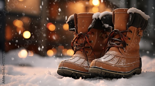 Close-up of winter shoes standing proudly in fresh snow, embodying style and functionality in the snowy landscape.