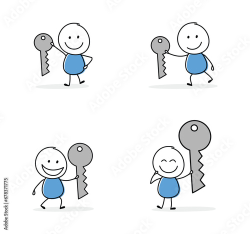 Hand drawn stickman holding key sign. Cartoon style icon set. Vector illustration