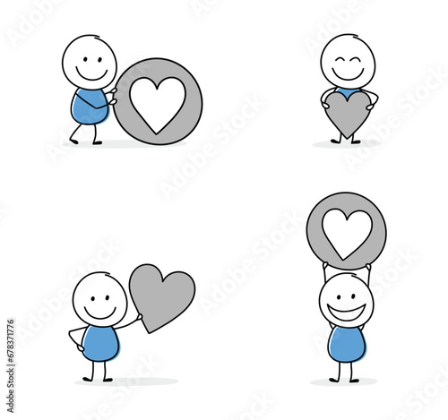 Collection of a funny stickman holding heart icon. Hand drawn design for a business presentation. Vector illustration