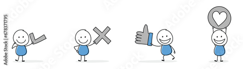 Collection of a funny stickman holding check mark, x mark, thumb up and heart sign. Hand drawn icons for a business presentation. Vector illustration