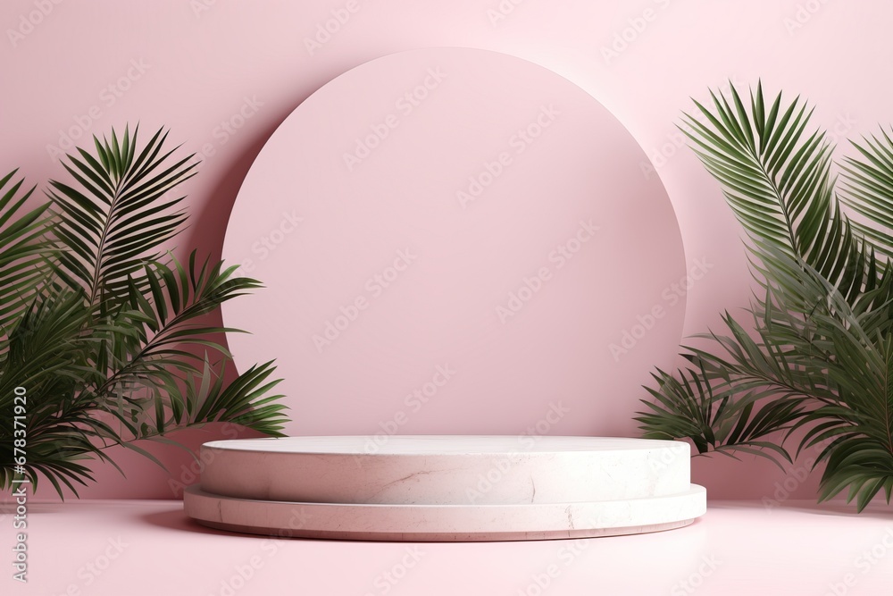 3D podium scene with palm leaves isolated on pink background 3D podium scene with palm leaves isolated on pink background