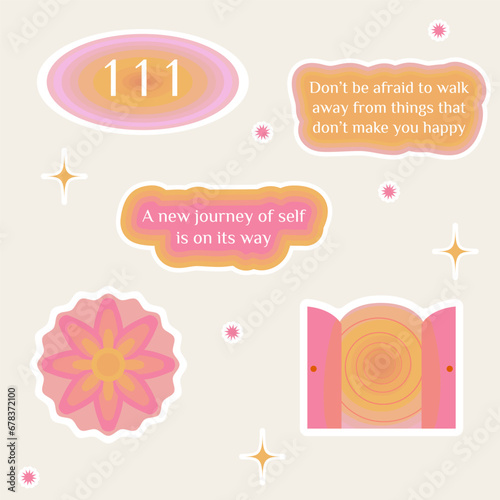 Numerology angel numbers 111 stickers. Set of illustrations for vision board of sunset, flower, plant and motivational quote