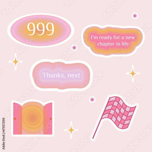 Numerology angel numbers 999 stickers. Set of illustrations for vision board of sunset, flower, plant and motivational quote