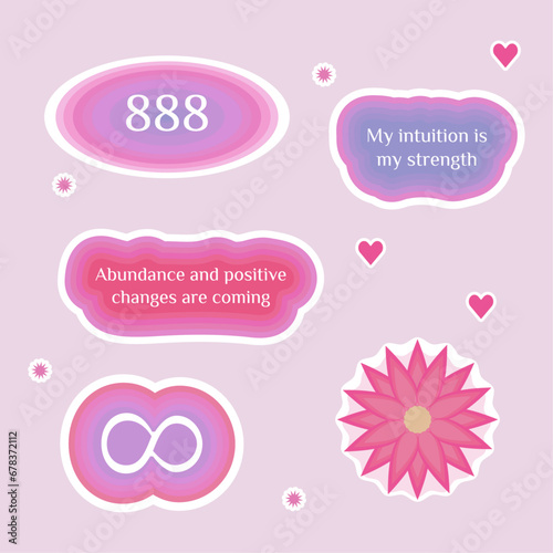 Numerology angel numbers 888 stickers. Set of illustrations for vision board of sunset, flower, plant and motivational quote