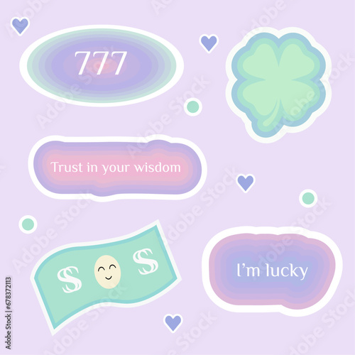 Numerology angel numbers 777 stickers. Set of illustrations for vision board of sunset, flower, plant and motivational quote