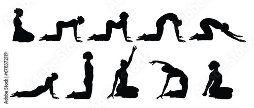Young woman doing yoga and fitness exercises on the floor for Healthy lifestyle. Set of vector silhouette illustrations design isolated on white background