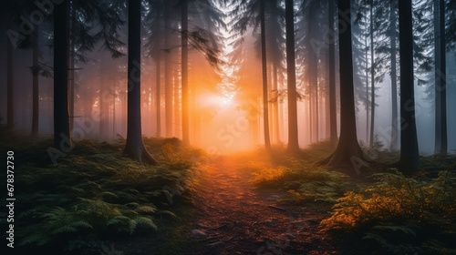 Sunrise in the Foggy Forest 