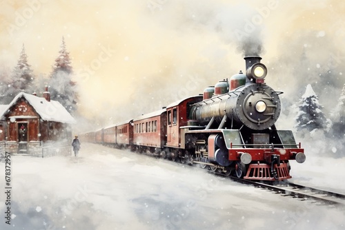 Vintage illustration of an old train decorated for Christmas. Steam locomotive, passenger cars and snowy scenery.