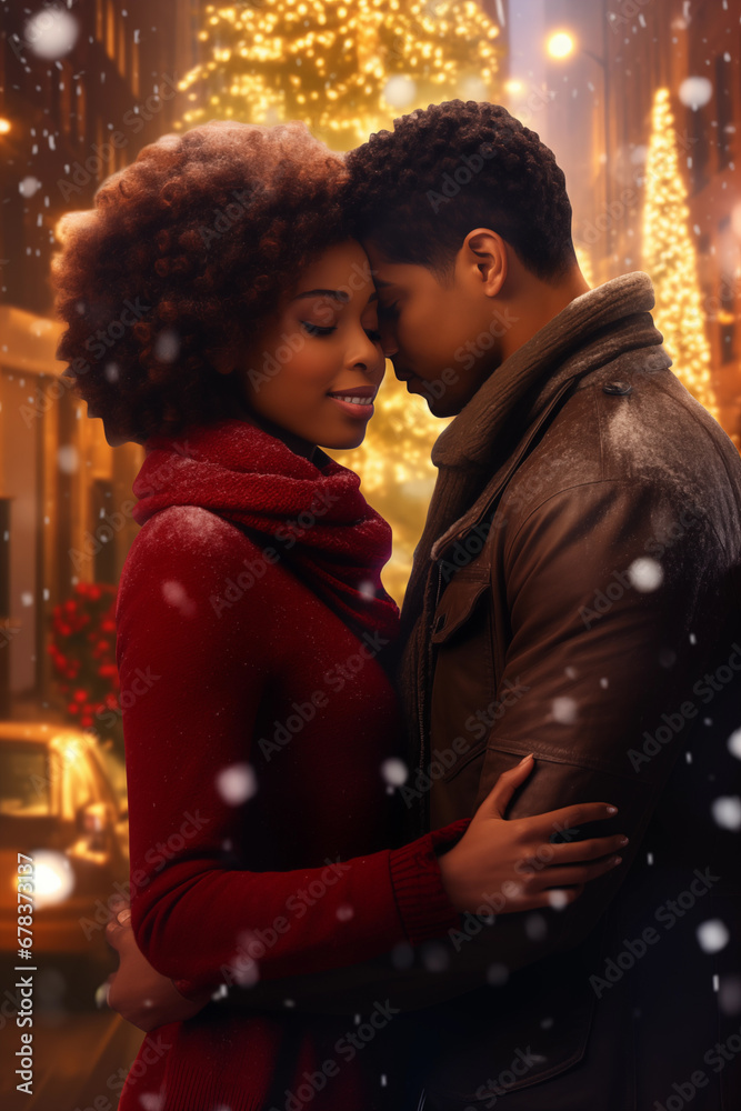 African American black couple in love - Christmas season - winter snow - city night lights - whispering in her ear