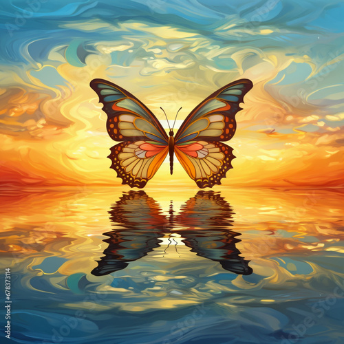 Sunshine painting photo of a butterfly flying over the water, in the style of golden palette