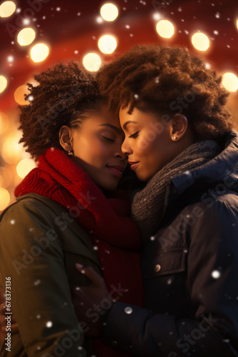 Loving afro black lesbian woman embracing on Christmas season - winter urban night lights - Xmas decoration - loving embrace
