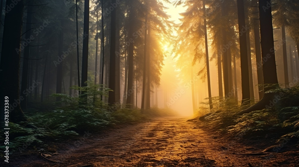 Naklejka premium Sunrise in the Foggy Forest 