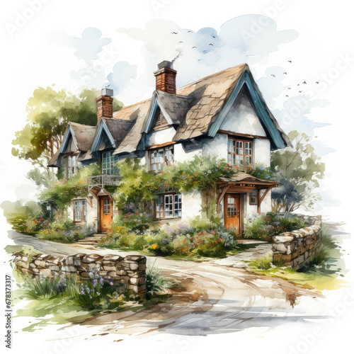 Watercolor Irish Farmhouse Clipart illustration Generative Ai