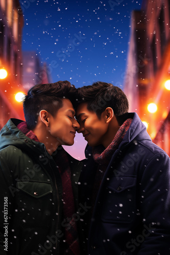 Two young handsome Asian Gay boyfriends in love on Christmas eve - Xmas decoration lights - urban city street - touching each other foreheads