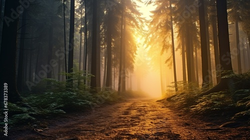 Sunrise in the Foggy Forest 