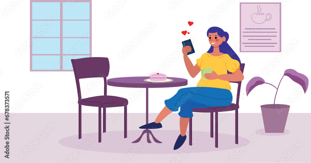 A girl is drinking coffee at a table in a cafe,  user interface illustration, simple icon, white background.