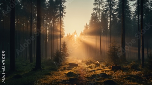 Sunrise in the Foggy Forest 