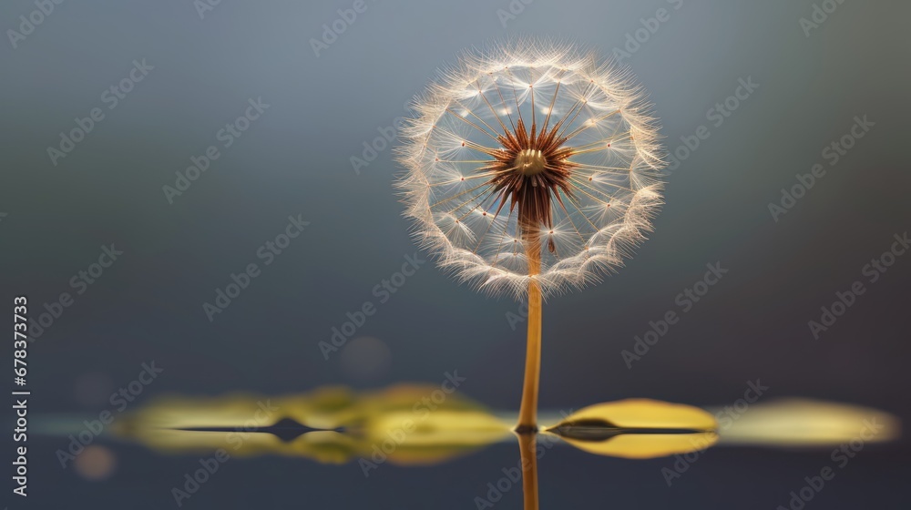 Dandelion on a dark background with reflection in water. Springtime Concept with a Copy Space. Mothers Day Concept.