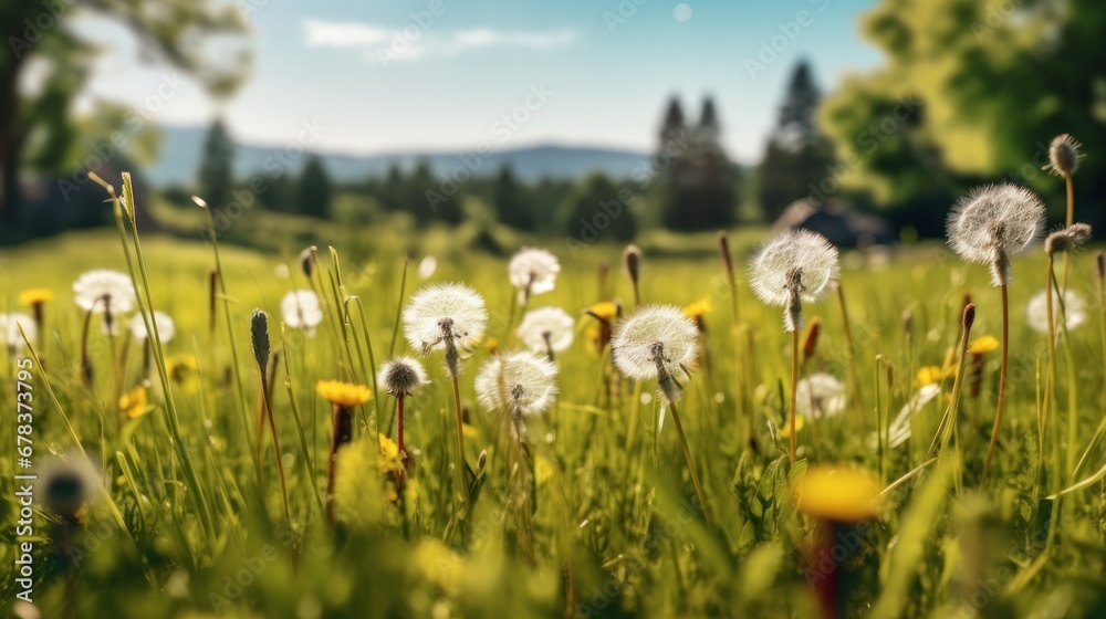 Dandelions on a meadow in the mountains. Beautiful summer landscape. Springtime Concept with a Copy Space. Mothers Day Concept.