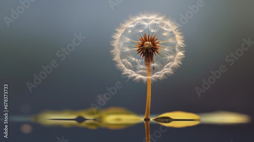 Dandelion on a dark background with reflection in water. Springtime Concept with a Copy Space. Mothers Day Concept.