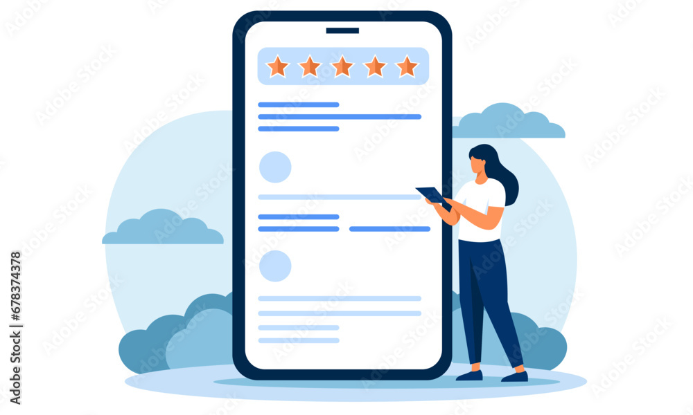 Flat vector illustration. A woman is rating an app. A high rating of five stars. Illustration for a request to rate the work. Vector illustration Flat vector illustration. A woman is rating an app. A high rating of five stars. Illustration for a request to rate the work. Vector illustration