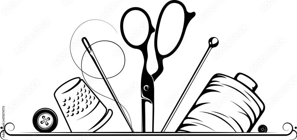 Scissors, sewing needle and thread frame. Design for sewing and cutting ...