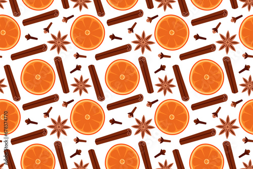 Cartoon pattern of anise star, dry cloves and slice orange on white background. Seamless pattern of spices. Pattern of orange slices and cinnamon sticks.