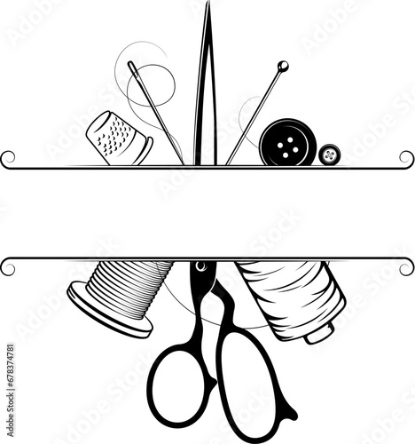 Cutting and sewing sign frame design. Sewing scissors, needle and thread