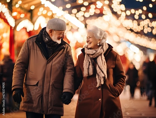 Happy two elderly people woman, man walking against the backdrop of christmas fair lights holding hands on the street, wearing coats. Generative AI