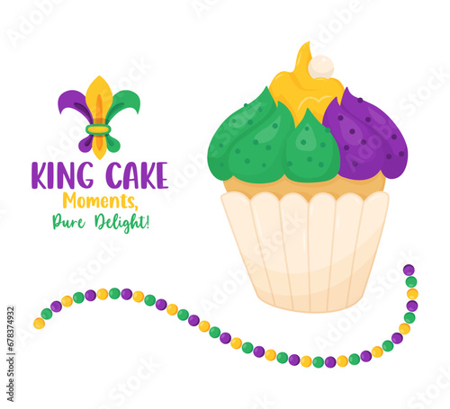 King Cake. Festive sweet cupcake with colorful icing and beads necklaces. Mardi Gras carnival. Vector illustrations in cartoon style.