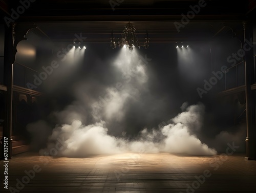 Empty stage in the light of spotlights with billowing smoke. Generative AI