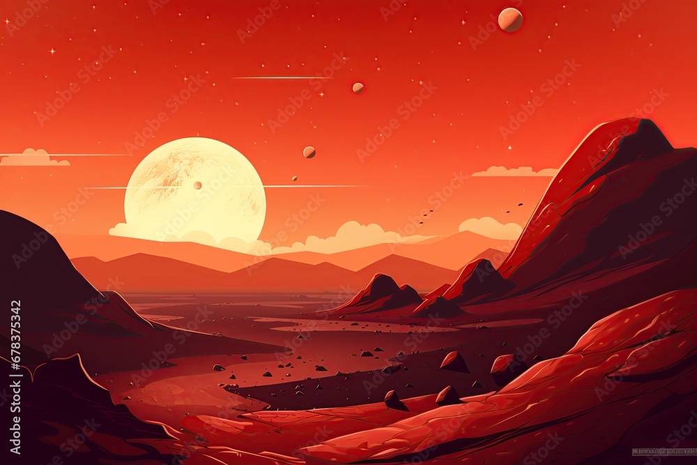 Landscape of planet Mars. Poster design. Generative Ai