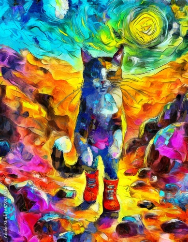 abstract cat in boots  walking on Mars
