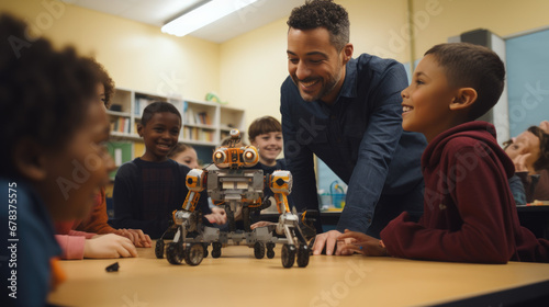 Teacher and students, mechanical robot programming, young students