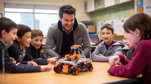 Teacher and students, mechanical robot programming, young students photo