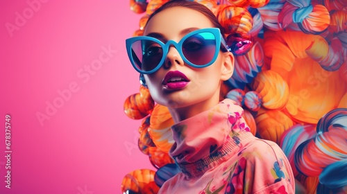 Fashionable female with colorful sunglasses on colorful background photo