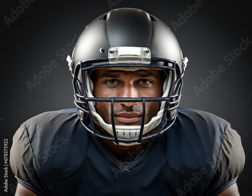 A portrait of an American football player on a dark background.