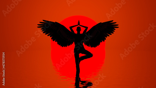 3d illustration.An angel at sunset in an asana prays in the sea
