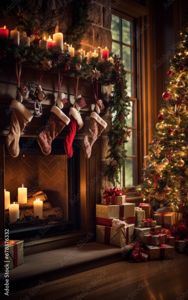 Christmas tree, gifts and fireplace at home. Christmas and New Year concept.