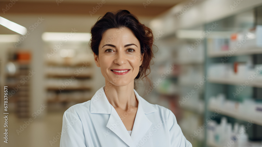 Portrait of attractive happy pharmacist standing with her arms crossed in drugstore and looking at camera. blurry pharmathy background